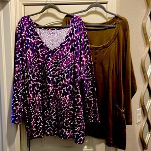 2 Roaman’s 34/36 4X women’s shirts. 1 purple 1 olive. Washed never worn
